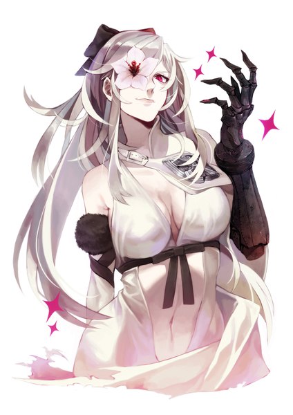 Anime picture 2480x3508 with drakengard zero (drag-on dragoon) tokigiakira single long hair tall image looking at viewer highres breasts simple background smile red eyes large breasts standing white background bare shoulders white hair bare belly flower over eye girl