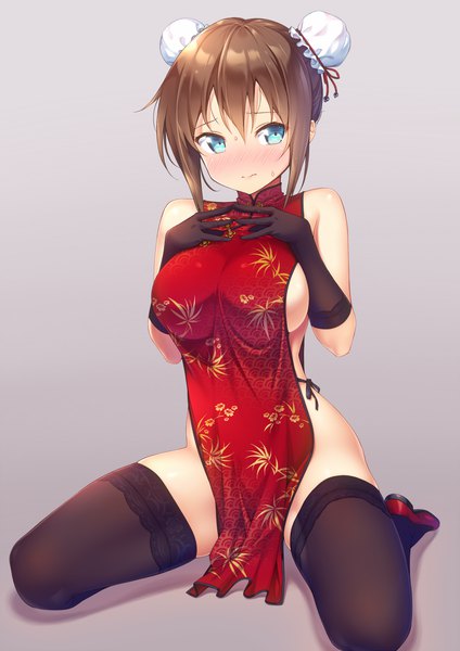 Anime picture 849x1200 with original ichi makoto single tall image blush fringe short hair breasts blue eyes light erotic simple background hair between eyes brown hair large breasts sitting payot looking away traditional clothes hair bun (hair buns) sweat