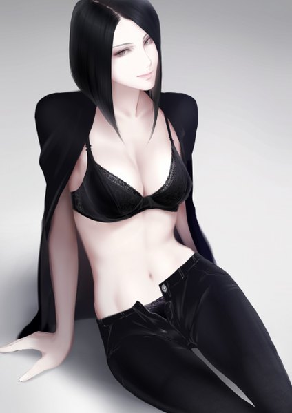 Anime picture 904x1280 with original erise single long hair tall image looking at viewer breasts light erotic black hair simple background sitting brown eyes cleavage open clothes arm support bare belly gradient background pale skin open pants girl