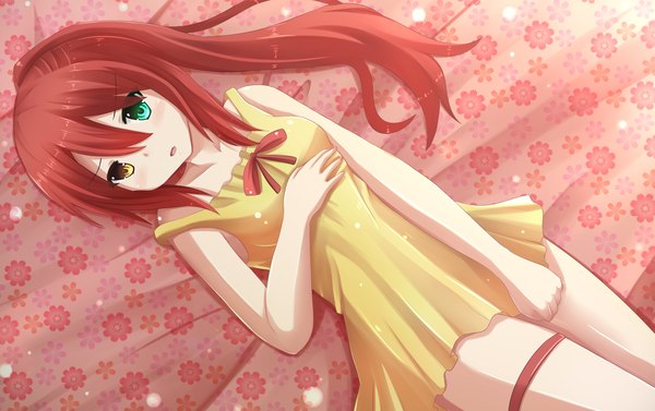 Anime picture 1900x1196 with original kazenokaze single long hair looking at viewer blush highres open mouth light erotic bare shoulders green eyes yellow eyes ponytail red hair no bra on back embarrassed heterochromia girl flower (flowers)