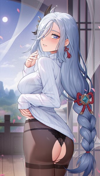 Anime picture 1020x1800 with genshin impact shenhe (genshin impact) hayate (leaf98k) single long hair tall image looking at viewer blush fringe breasts blue eyes light erotic smile large breasts standing sky silver hair cloud (clouds) ass indoors