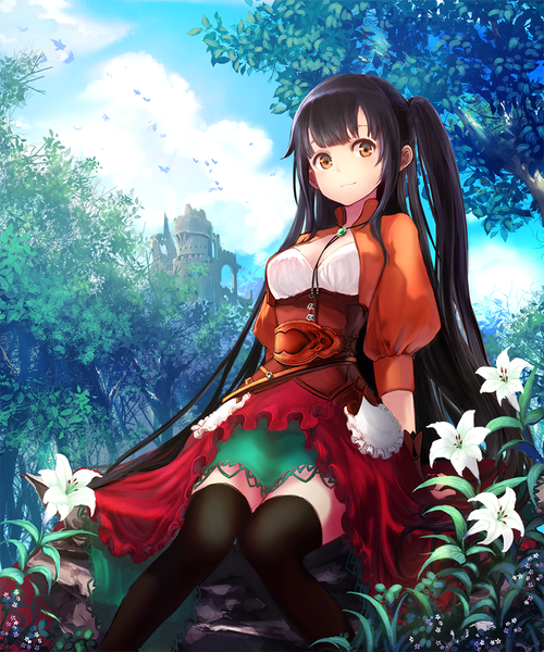 Anime picture 833x1000 with original uro (uro zi) single long hair tall image black hair sitting brown eyes sky cloud (clouds) outdoors one side up girl thighhighs dress flower (flowers) black thighhighs plant (plants) tree (trees)