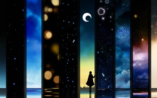 Anime picture 1920x1200 with original harada miyuki single highres standing cloud (clouds) night night sky reflection crescent girl star (symbol) moon star (stars)