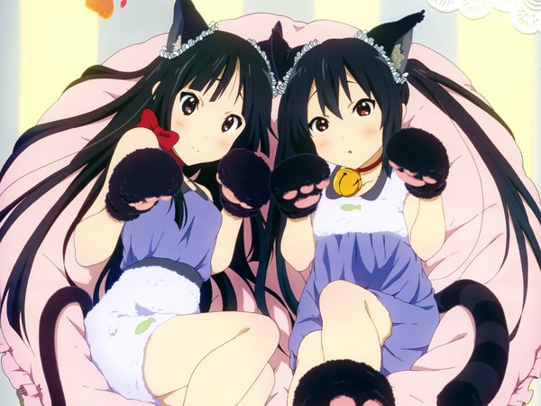 Anime picture 2048x1536 with k-on! kyoto animation akiyama mio nakano azusa long hair looking at viewer blush highres black hair twintails multiple girls brown eyes animal ears tail animal tail black eyes cat ears scan cat girl cat tail