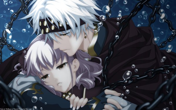 Anime picture 2560x1600 with wand of fortune idea factory lulu (wand of fortune) bilal faranbald usuba kagerou long hair highres short hair blonde hair wide image brown eyes silver hair white hair profile wallpaper couple hug underwater sad girl