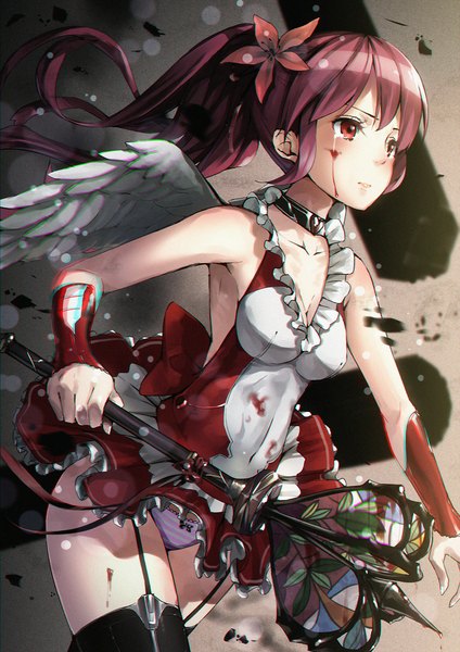 Anime picture 781x1105 with original pyz (cath x tech) single long hair tall image light erotic red eyes bare shoulders purple hair ponytail hair flower girl thighhighs dress hair ornament underwear panties flower (flowers) black thighhighs wings