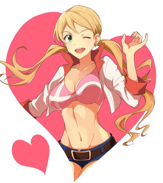 Anime picture 1200x1347 with mobile suit gundam gundam tekketsu no orphans sunrise (studio) lafter frankland hitsuji (hanatoutau) single long hair tall image looking at viewer breasts open mouth light erotic blonde hair twintails green eyes nail polish one eye closed wink low twintails outstretched arm