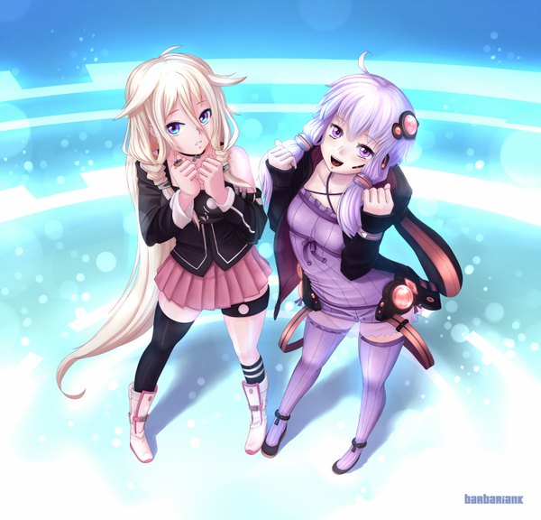 Anime picture 1508x1450 with vocaloid ia (vocaloid) yuzuki yukari barbariank (artist) open mouth purple eyes twintails multiple girls purple hair ahoge very long hair pleated skirt open clothes open jacket low twintails girl thighhighs dress skirt hair ornament
