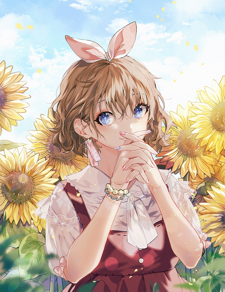 Anime picture 800x1039 with original kimpeul single tall image looking at viewer blush fringe short hair blue eyes smile hair between eyes brown hair sky cloud (clouds) upper body outdoors nail polish fingernails hands clasped interlocked fingers