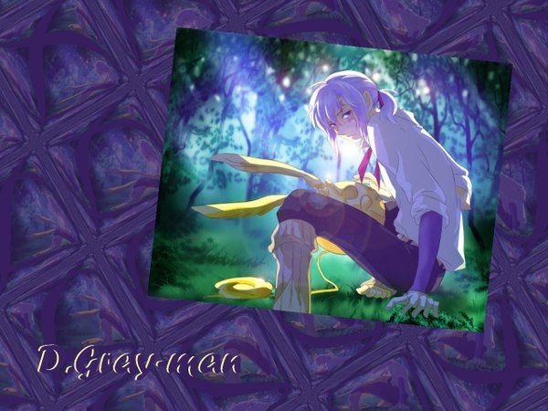 Anime picture 1280x960 with d.gray-man allen walker timcanpy hanapon3 single looking at viewer sitting purple eyes silver hair purple hair ponytail sunlight scar purple background nature boy ribbon (ribbons) plant (plants) hair ribbon shirt