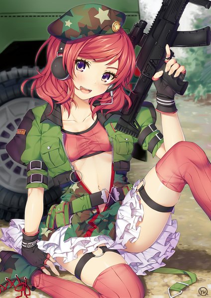 Anime picture 1500x2121 with love live! school idol project sunrise (studio) love live! nishikino maki yana mori single tall image looking at viewer blush short hair breasts open mouth light erotic smile sitting purple eyes holding red hair arm support short sleeves