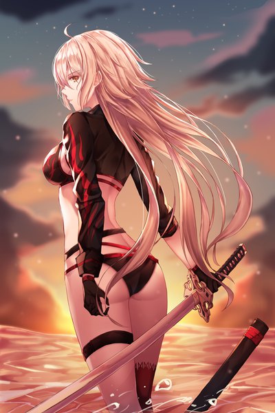 Anime picture 3178x4772 with fate (series) fate/grand order jeanne d'arc (fate) (all) jeanne d'arc alter (fate) jeanne d'arc alter (swimsuit berserker) (fate) minin982 single long hair tall image looking at viewer fringe highres breasts light erotic hair between eyes standing holding brown eyes absurdres sky