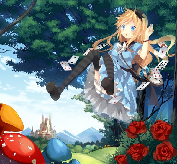 Anime picture 975x900 with alice in wonderland original alice (wonderland) marotti single long hair blush blue eyes simple background blonde hair looking away sky cloud (clouds) ahoge sunlight looking down mountain surprised weightlessness girl