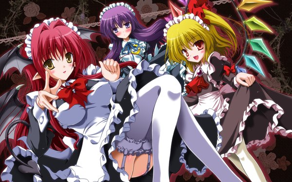 Anime picture 1920x1200 with touhou flandre scarlet patchouli knowledge koakuma yamu (reverse noise) blush highres light erotic blonde hair red eyes wide image purple eyes multiple girls yellow eyes purple hair red hair maid one side up bat wings head wings