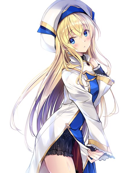 Anime picture 1110x1553 with goblin slayer! priestess (goblin slayer!) kobayashi chisato single long hair tall image looking at viewer blush fringe blue eyes simple background blonde hair hair between eyes standing white background payot long sleeves parted lips hand on chest girl