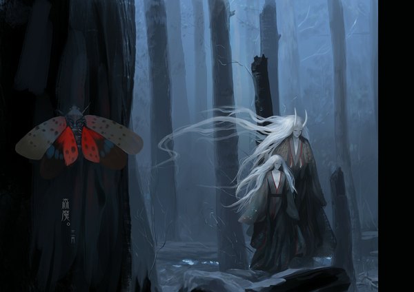 Anime picture 1132x800 with original lang ya long hair white hair eyes closed long sleeves very long hair traditional clothes horn (horns) wind inscription couple pale skin oni horns bare tree girl boy plant (plants) tree (trees) insect
