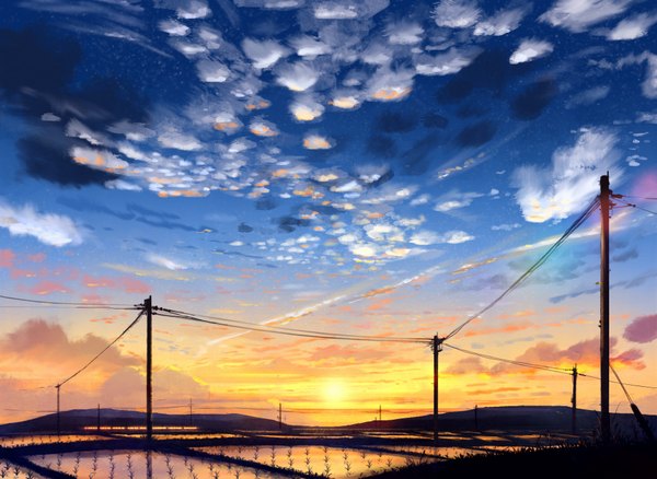 Anime picture 1920x1404 with original niko p highres sky cloud (clouds) evening sunset no people landscape scenic sun power lines