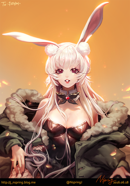 Anime picture 900x1285 with original shabomu single long hair tall image looking at viewer fringe open mouth light erotic simple background purple eyes bare shoulders signed animal ears upper body white hair nail polish fingernails inscription open clothes