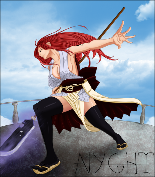 Anime picture 1048x1200 with fairy tail erza scarlet dark-nyghtmare single long hair tall image breasts light erotic sky cloud (clouds) red hair eyes closed japanese clothes armpit (armpits) tattoo coloring girl thighhighs weapon black thighhighs
