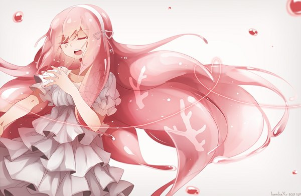 Anime picture 1000x653 with vocaloid megurine luka tagme (artist) long hair open mouth simple background pink hair eyes closed tears girl dress hairband white dress bubble (bubbles)