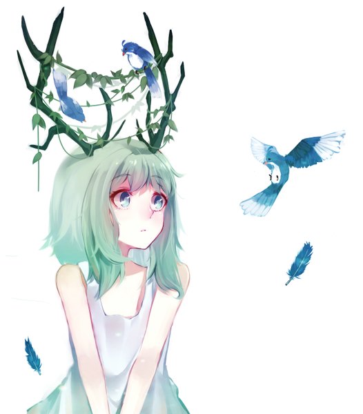 Anime picture 1181x1348 with vocaloid gumi izumi4195202 tall image fringe short hair blue eyes simple background white background bare shoulders looking away horn (horns) green hair flying dress animal white dress bird (birds) feather (feathers)