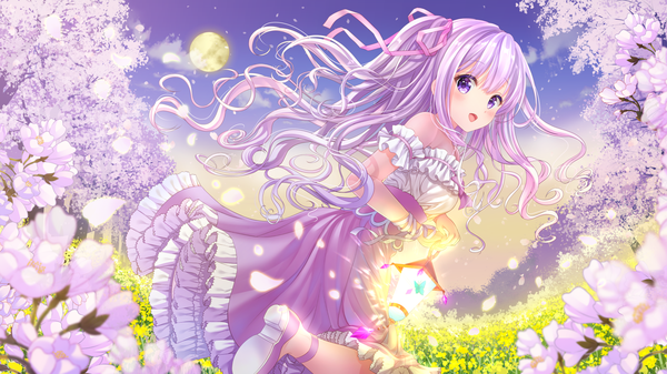 イラスト 1920x1080 と オリジナル 桜もよん ソロ 長髪 カメラ目線 赤面 highres 開いた口 wide image 紫目 purple hair 女の子 ドレス 花 花弁 縁飾り