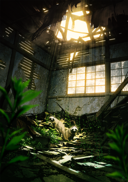 Anime picture 848x1200 with original mocha (cotton) tall image sunlight depth of field no people sunbeam ruins abandoned plant (plants) animal window tanuki abandoned building