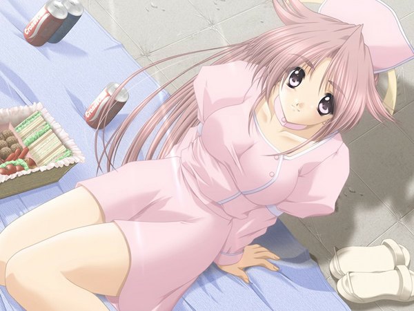 Anime picture 1024x768 with nursery song (game) long hair pink hair game cg pink eyes nurse girl collar