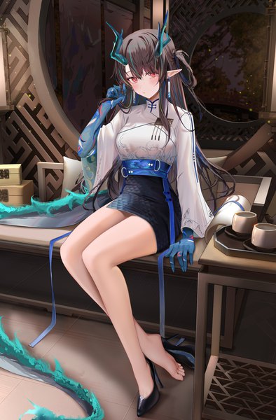 Anime picture 4280x6520 with arknights ambience synesthesia dusk (arknights) ru zhai single long hair tall image looking at viewer blush fringe highres black hair hair between eyes red eyes sitting absurdres full body bent knee (knees) indoors tail