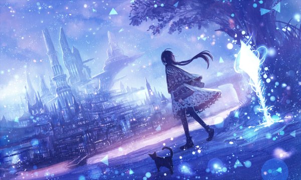 Anime picture 1260x756 with original bounin sakimori (hououbds) single long hair black hair wide image sky wind city cityscape walking river girl dress plant (plants) animal tree (trees) shoes cat