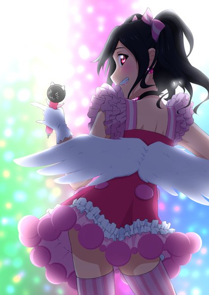 Anime picture 1080x1527 with love live! school idol project sunrise (studio) love live! yazawa nico oku no shi tall image blush short hair black hair smile red eyes girl thighhighs dress gloves bow hair bow wings white gloves striped thighhighs