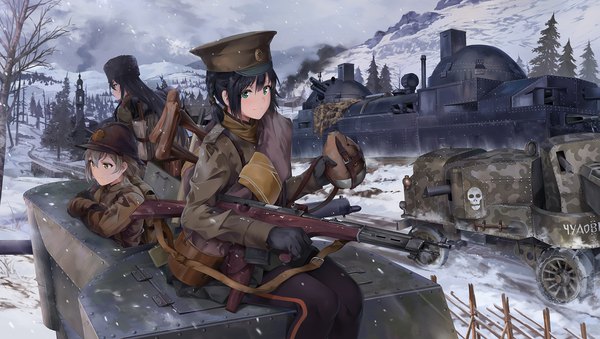 Anime picture 1731x980 with battlefield battlefield 1 neko (yanshoujie) long hair looking at viewer fringe highres short hair black hair smile hair between eyes wide image sitting multiple girls holding green eyes yellow eyes looking away sky cloud (clouds)