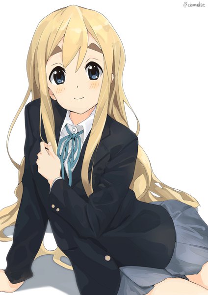 Anime picture 2894x4093 with k-on! kyoto animation kotobuki tsumugi chamu (chammkue) single long hair tall image looking at viewer blush highres blue eyes simple background blonde hair smile white background sitting signed arm support twitter username eyebrows