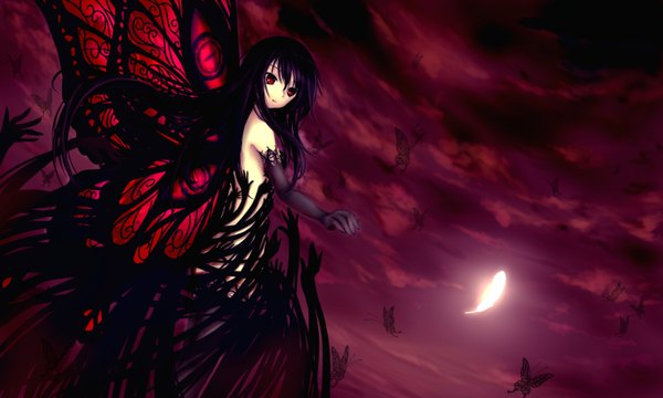 Anime picture 3000x1800 with accel world sunrise (studio) kuroyukihime ulquiorra0 long hair highres black hair red eyes wide image bare shoulders cloud (clouds) insect wings butterfly wings girl dress gloves elbow gloves insect butterfly