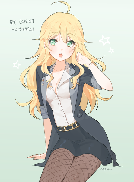Anime picture 597x805 with idolmaster hoshii miki marin (myuy 3) single long hair tall image blush fringe open mouth blonde hair sitting green eyes signed looking away cleavage ahoge inscription open clothes arm support midriff