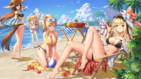 Anime picture 1646x926 with final gear tagme (character) taysia graft (final gear) margaret (final gear) viola (final gear) aya kujyou (final gear) haneru long hair looking at viewer blush fringe breasts open mouth blue eyes light erotic blonde hair smile hair between eyes brown hair wide image