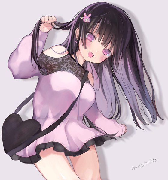 Anime picture 1536x1648 with original yukari (rihenara doll) single long hair tall image looking at viewer blush fringe open mouth black hair simple background smile standing purple eyes bare shoulders signed blunt bangs head tilt :d multicolored hair