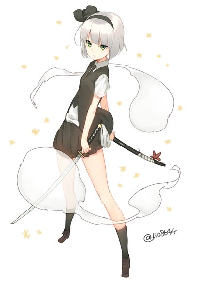 Anime picture 2507x3541 with touhou konpaku youmu myon lio (rumei2265874644) single tall image fringe highres short hair simple background standing white background green eyes silver hair full body blunt bangs one eye closed from above wink girl