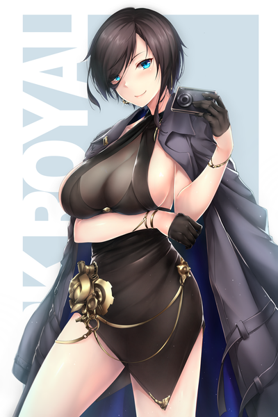 Anime picture 4000x6000 with azur lane ark royal (azur lane) ark royal (guardian of the ball) (azur lane) rei kun single tall image looking at viewer blush fringe highres short hair breasts blue eyes light erotic black hair simple background smile large breasts standing absurdres