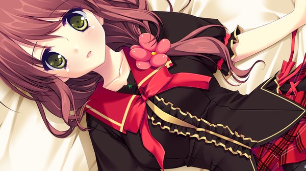 Anime picture 1024x576 with lovely quest tagme (character) single long hair looking at viewer blush open mouth brown hair wide image yellow eyes game cg lying on back girl uniform hair ornament school uniform