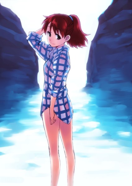 Anime picture 850x1200 with porco rosso kurenai no buta studio ghibli fio piccolo matsuryuu single tall image looking at viewer short hair smile brown hair brown eyes ponytail bare legs plaid girl shirt water