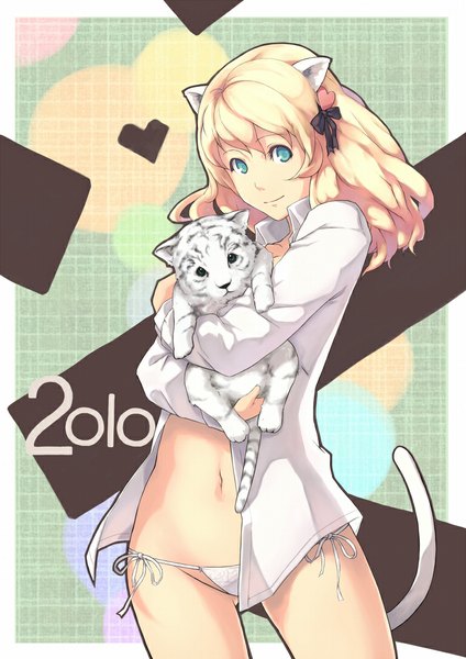 Anime picture 768x1086 with original keypot single long hair tall image looking at viewer blue eyes light erotic blonde hair animal ears tail long sleeves animal tail light smile cat ears open clothes cat tail open shirt new year 2010