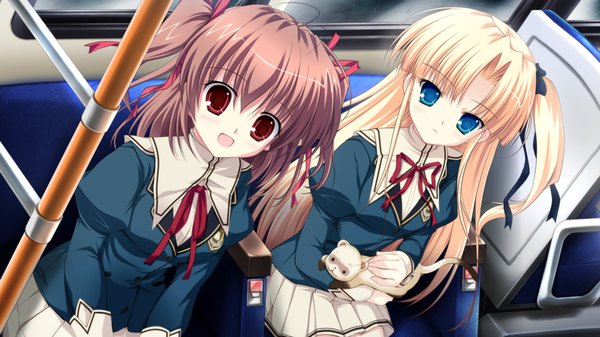 Anime picture 1280x720 with root double sannomiya louise yui toba mashiro long hair short hair open mouth blue eyes blonde hair red eyes brown hair wide image multiple girls game cg one side up girl uniform ribbon (ribbons) 2 girls hair ribbon school uniform