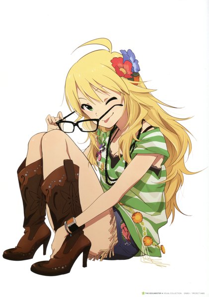 Anime picture 2809x4000 with idolmaster hoshii miki nishigori atsushi single long hair tall image looking at viewer fringe highres blonde hair simple background white background holding green eyes one eye closed hair flower lips wink scan official art