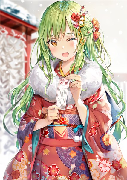 Anime picture 1000x1412 with original yukari (momoko) momoko (momopoco) single long hair tall image looking at viewer blush fringe open mouth hair between eyes standing holding brown eyes sky outdoors braid (braids) traditional clothes japanese clothes one eye closed