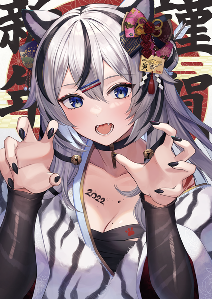 Anime picture 1756x2479 with original kurousagi yuu single long hair tall image looking at viewer fringe highres blue eyes hair between eyes cleavage silver hair upper body nail polish multicolored hair streaked hair new year black nail polish hair bell claw pose