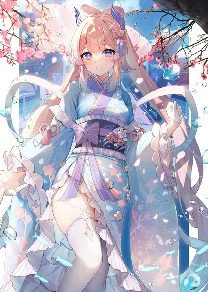 Anime picture 2142x3000 with genshin impact sangonomiya kokomi abandon ranka single long hair tall image looking at viewer highres smile purple eyes twintails pink hair traditional clothes japanese clothes grin outside border pillarboxed plum blossoms seigaiha girl