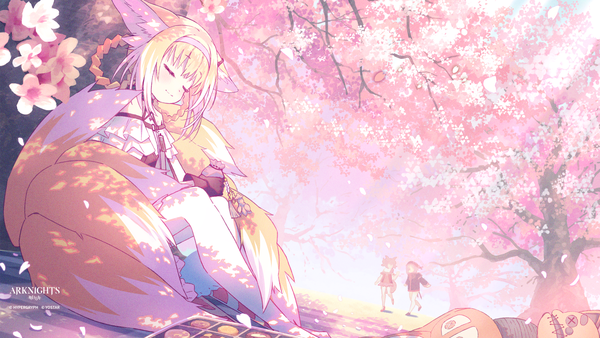 Anime picture 2560x1440 with arknights suzuran (arknights) shamare (arknights) morte (arknights) popukar (arknights) koh rd highres smile wide image sitting multiple girls animal ears outdoors tail eyes closed animal tail official art copyright name fox ears cherry blossoms