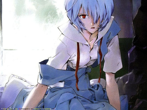 Anime picture 1024x768 with neon genesis evangelion gainax ayanami rei single looking at viewer fringe short hair red eyes blue hair scan hair over one eye open clothes open shirt girl uniform school uniform