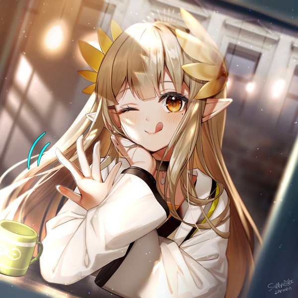 Anime picture 2000x2000 with arknights muelsyse (arknights) sallyzaemon single long hair highres brown hair brown eyes signed upper body head tilt one eye closed pointy ears wink mole mole under eye :q head rest waving girl